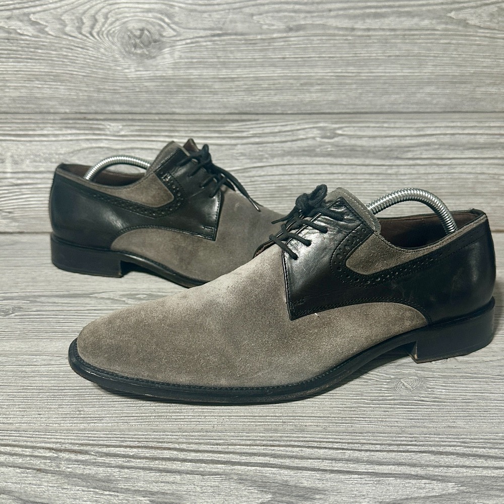 Johnston & Murphy J&M 1850 Mens 9.5 Grey Suede Black Leather Wingtip Derby Shoes - Picture 2 of 8